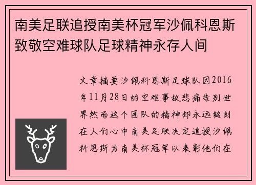 南美足联追授南美杯冠军沙佩科恩斯致敬空难球队足球精神永存人间