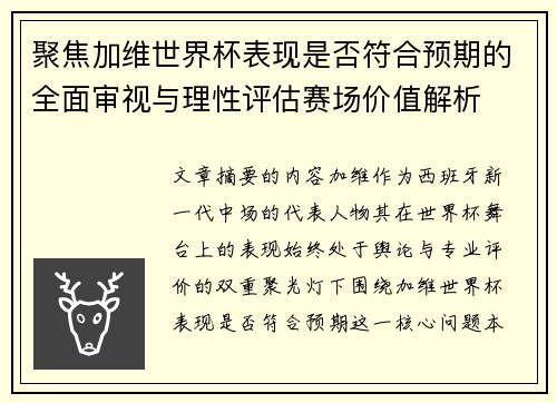 聚焦加维世界杯表现是否符合预期的全面审视与理性评估赛场价值解析