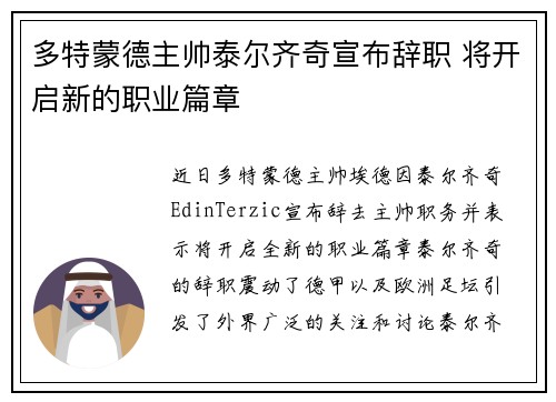 多特蒙德主帅泰尔齐奇宣布辞职 将开启新的职业篇章 多特蒙德主帅泰尔齐奇宣布辞职 将开启新的职业篇章